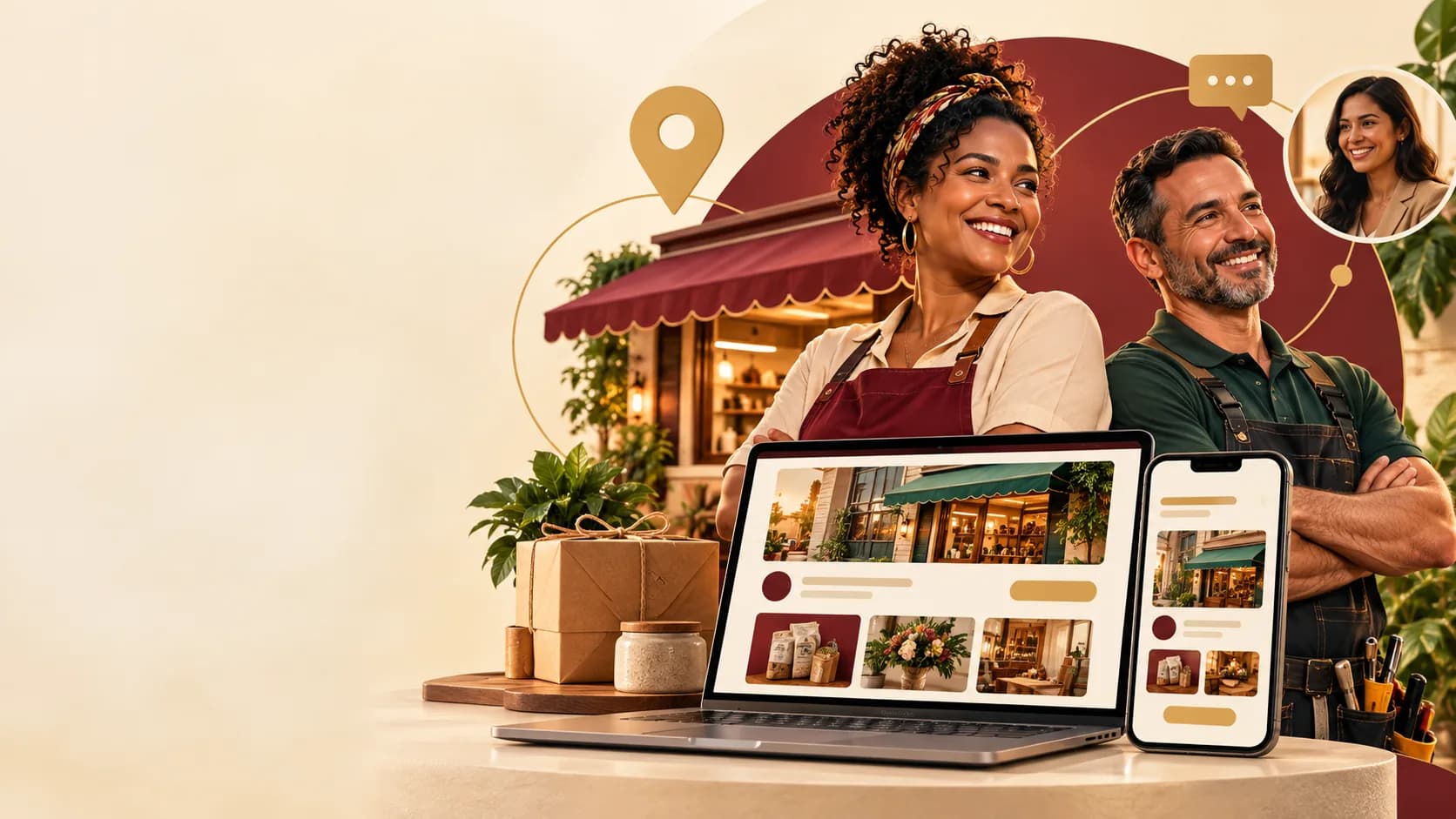 Empreendedores conectados a uma vitrine digital de negócios